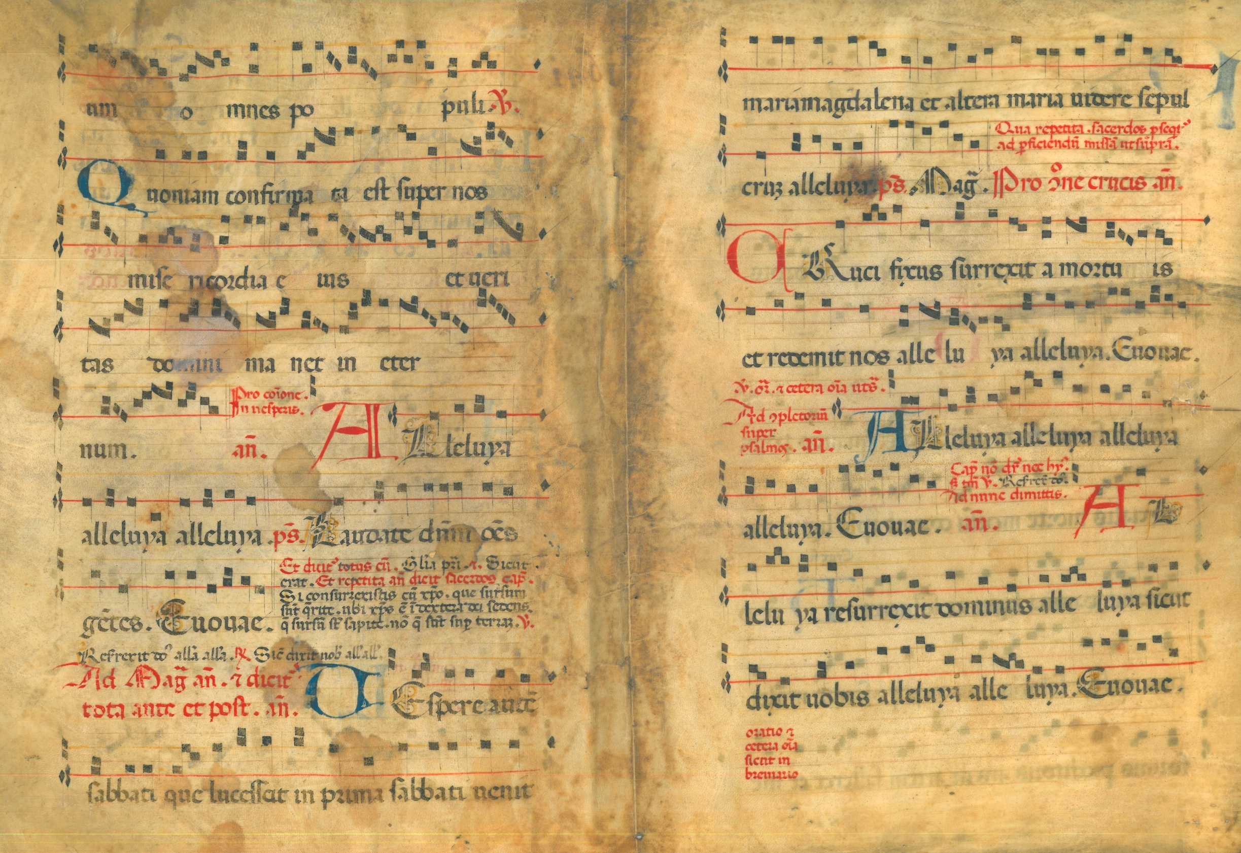 Il bifolio contiene la liturgia della messa della veglia: l’Alleluia; il Tratto Laudate; i canti per il
vespro finale con la “commemoratio Crucis” ed elementi per la compieta; l’inno “Pange
lingua gloriosi prelium certaminis”, l’Adoratio del venerdì santo.
Manoscritto membranaceo, bifolio di codice; disposizione del testo: a piena pagina; scrittura
goticaa piena pagina, notazione quadrata su tetragramma con rigature in rosso e in giallo
corrispondente balle chiavi di fa e di do, gli altri righi sono solilmente tracciate con inchiostro
bruno. Inchiostro bruno per il testo e per i neumi. Rubricatura in rosso; iniziali semplici in
rosso e blu e alcune con tocchi di ocra.
Reimpiego come parte della legatura del registro di imbreviature di Francesco Quadrio de
Maria - Ponte in Valtellina (Notarile, busta n. 4172).